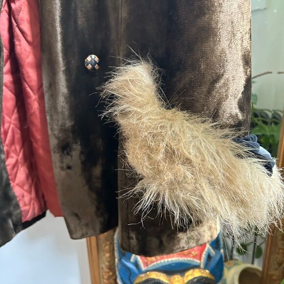 Vintage TRAIL TRACER Women`s brown Velvet FAUX FUR Collar COAT BOHO USA - Picture 8 of 16
